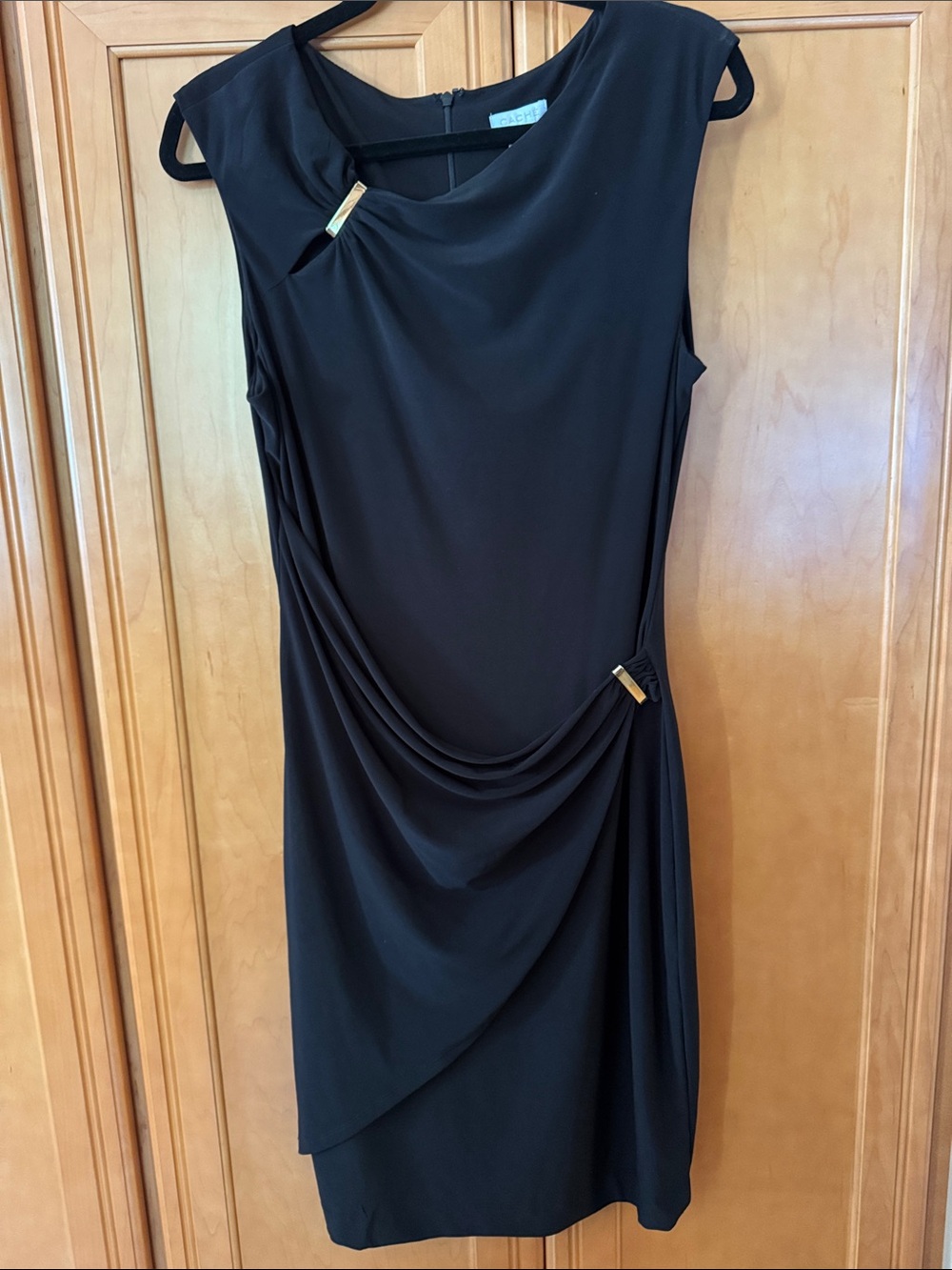 Cache Black Sleeveless Draped Cocktail Dress with Gold Accents